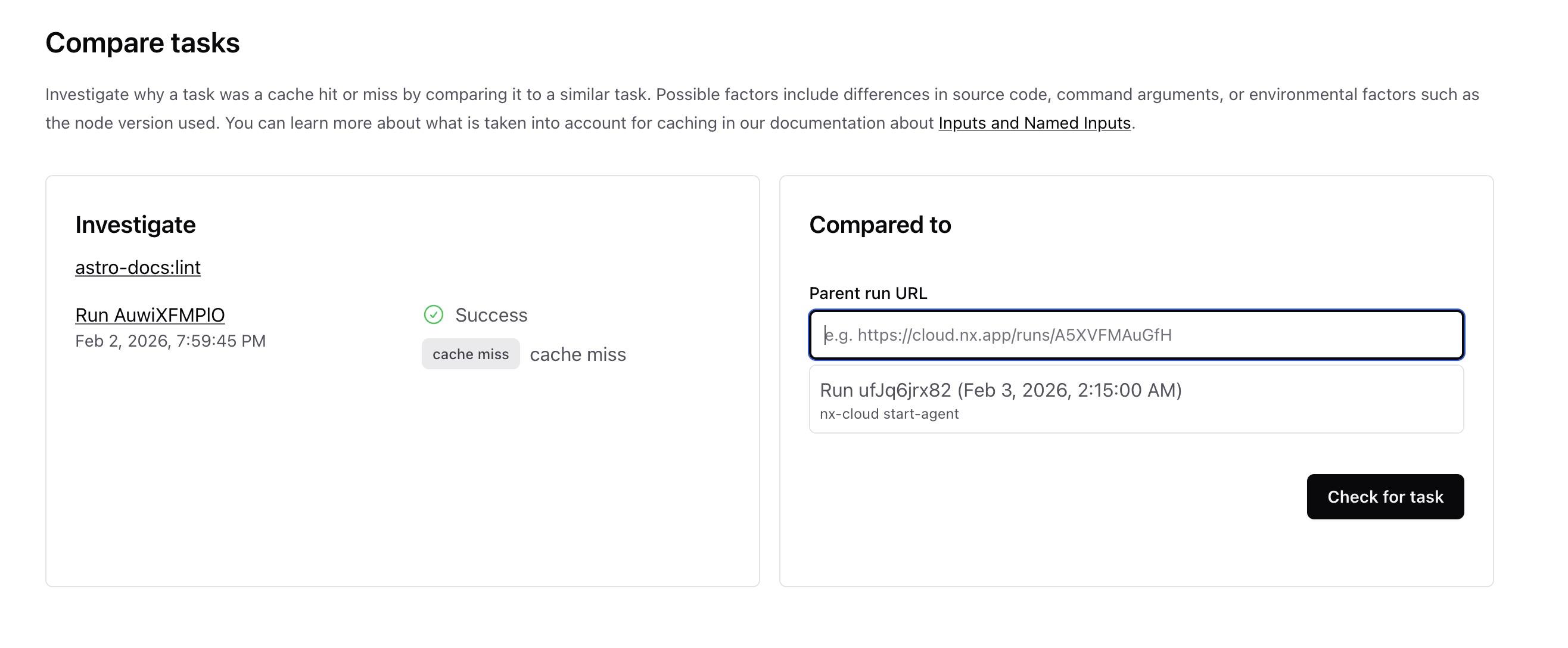 Compare tasks view showing the run selection panel